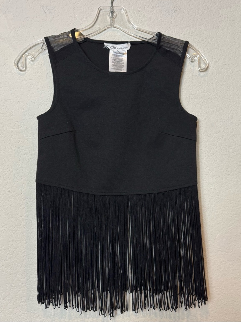 BCBGeneration Black Tank Top with Long Fringe Women’s XS Festival Hippie Boho